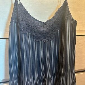 Massimo Dutti Navy Lace Trim Striped Pleated Flowy Top